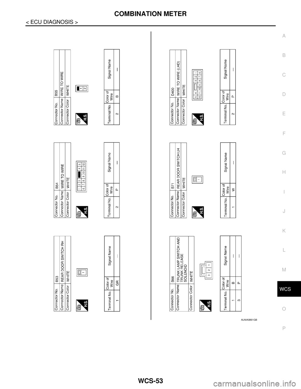 NISSAN TIIDA 2007  Service Repair Manual WCS
COMBINATION METER
WCS-53
< ECU DIAGNOSIS >
C
D
E
F
G
H
I
J
K
L
MB A
O
P
ALNIA0861GB 