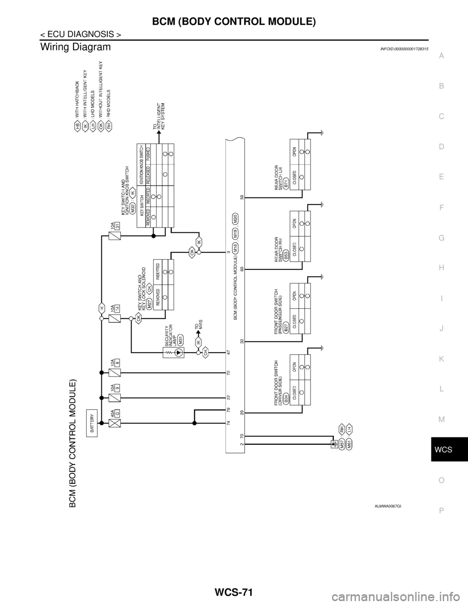 NISSAN TIIDA 2007  Service Repair Manual WCS
BCM (BODY CONTROL MODULE)
WCS-71
< ECU DIAGNOSIS >
C
D
E
F
G
H
I
J
K
L
MB A
O
P
Wiring DiagramINFOID:0000000001728315
ALMWA0067GB 