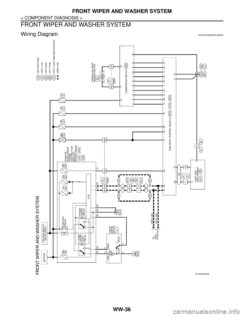 NISSAN TIIDA 2007  Service Repair Manual WW-36
< COMPONENT DIAGNOSIS >
FRONT WIPER AND WASHER SYSTEM
FRONT WIPER AND WASHER SYSTEM
Wiring DiagramINFOID:0000000001366628
ALLWA0062GB 