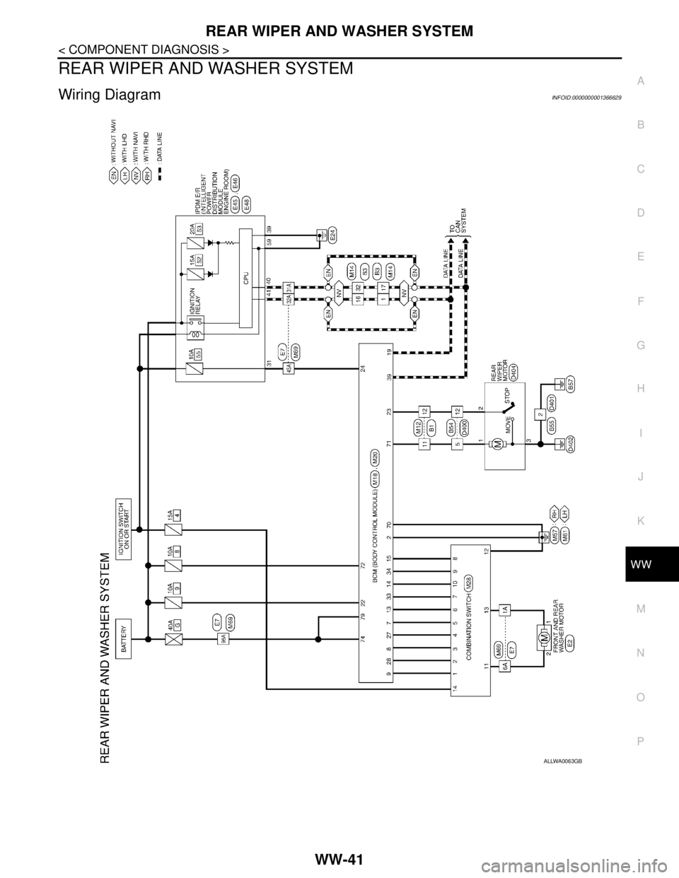 NISSAN TIIDA 2007  Service Repair Manual REAR WIPER AND WASHER SYSTEM
WW-41
< COMPONENT DIAGNOSIS >
C
D
E
F
G
H
I
J
K
MA
B
WW
N
O
P
REAR WIPER AND WASHER SYSTEM
Wiring DiagramINFOID:0000000001366629
ALLWA0063GB 