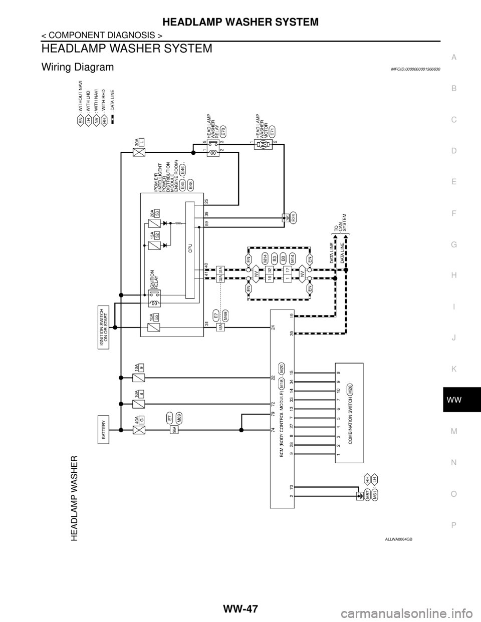 NISSAN TIIDA 2007  Service Repair Manual HEADLAMP WASHER SYSTEM
WW-47
< COMPONENT DIAGNOSIS >
C
D
E
F
G
H
I
J
K
MA
B
WW
N
O
P
HEADLAMP WASHER SYSTEM
Wiring DiagramINFOID:0000000001366630
ALLWA0064GB 