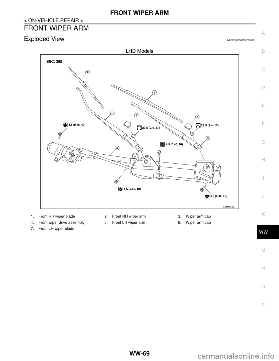 NISSAN TIIDA 2007  Service Repair Manual FRONT WIPER ARM
WW-69
< ON-VEHICLE REPAIR >
C
D
E
F
G
H
I
J
K
MA
B
WW
N
O
P
FRONT WIPER ARM
Exploded ViewINFOID:0000000001366661
LHD Models
LKIA0786E
1. Front RH wiper blade  2. Front RH wiper arm  3.