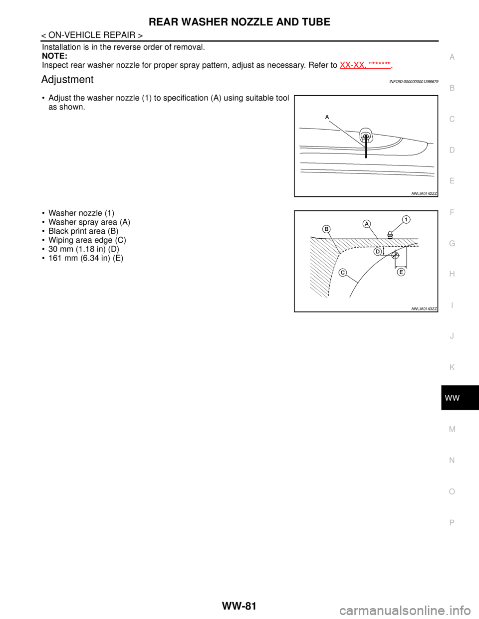 NISSAN TIIDA 2007 Service Repair Manual REAR WASHER NOZZLE AND TUBE
WW-81
< ON-VEHICLE REPAIR >
C
D
E
F
G
H
I
J
K
MA
B
WW
N
O
P
Installation is in the reverse order of removal.
NOTE:
Inspect rear washer nozzle for proper spray pattern, adju NISSAN TIIDA 2007 Service Repair Manual REAR WASHER NOZZLE AND TUBE
WW-81
< ON-VEHICLE REPAIR >
C
D
E
F
G
H
I
J
K
MA
B
WW
N
O
P
Installation is in the reverse order of removal.
NOTE:
Inspect rear washer nozzle for proper spray pattern, adju