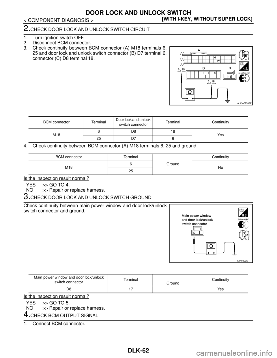 NISSAN TIIDA 2007  Service Repair Manual DLK-62
< COMPONENT DIAGNOSIS >[WITH I-KEY, WITHOUT SUPER LOCK]
DOOR LOCK AND UNLOCK SWITCH
2.CHECK DOOR LOCK AND UNLOCK SWITCH CIRCUIT
1. Turn ignition switch OFF.
2. Disconnect BCM connector.
3. Chec