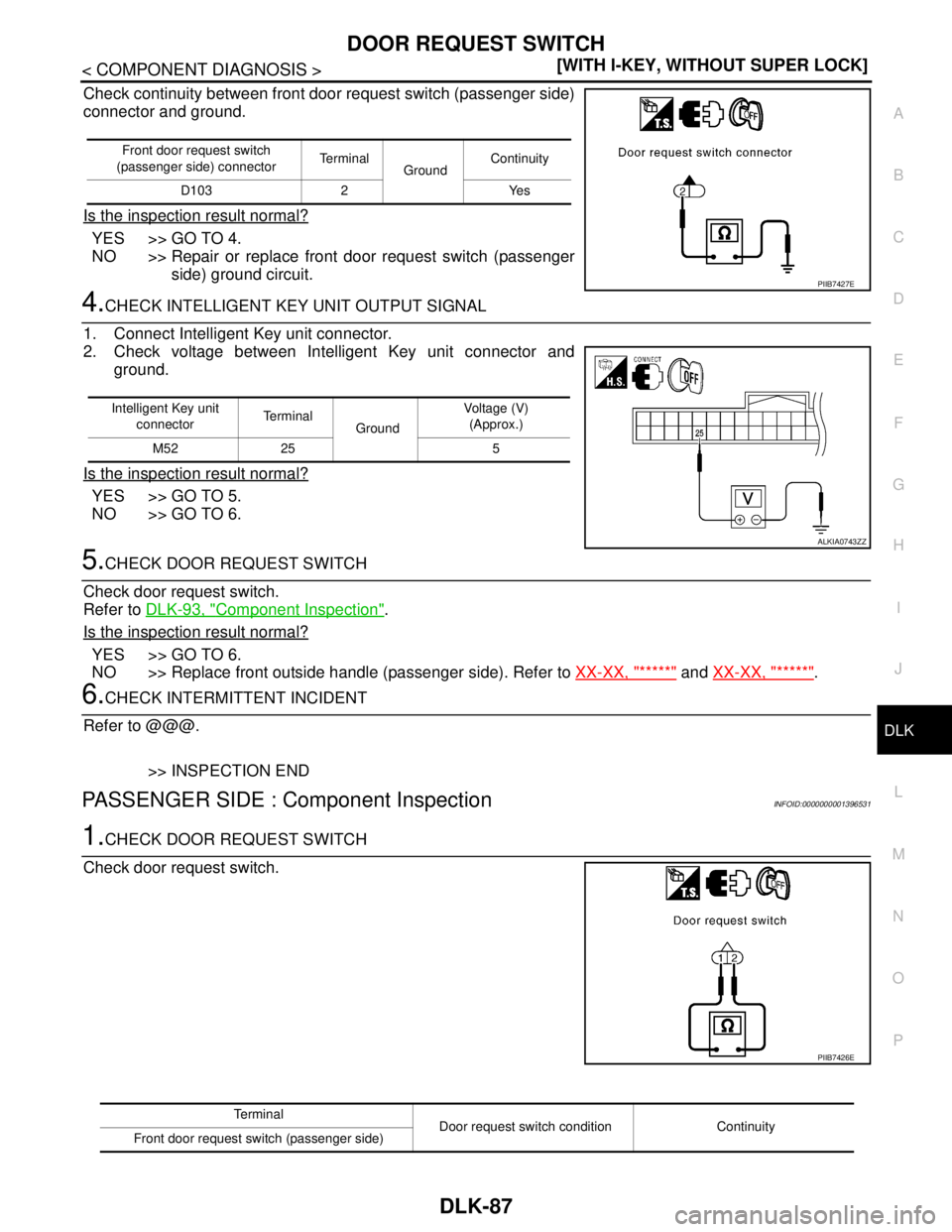 NISSAN TIIDA 2007  Service Repair Manual DOOR REQUEST SWITCH
DLK-87
< COMPONENT DIAGNOSIS >[WITH I-KEY, WITHOUT SUPER LOCK]
C
D
E
F
G
H
I
J
L
MA
B
DLK
N
O
P
Check continuity between front door request switch (passenger side)
connector and gr