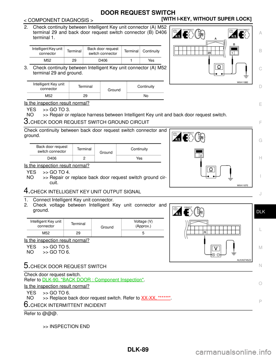 NISSAN TIIDA 2007  Service Repair Manual DOOR REQUEST SWITCH
DLK-89
< COMPONENT DIAGNOSIS >[WITH I-KEY, WITHOUT SUPER LOCK]
C
D
E
F
G
H
I
J
L
MA
B
DLK
N
O
P
2. Check continuity between Intelligent Key unit connector (A) M52
terminal 29 and b