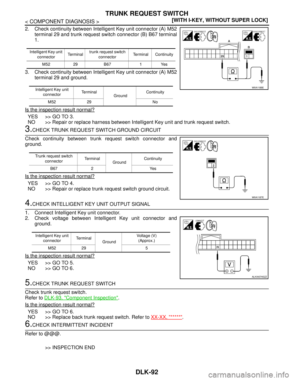 NISSAN TIIDA 2007  Service Repair Manual DLK-92
< COMPONENT DIAGNOSIS >[WITH I-KEY, WITHOUT SUPER LOCK]
TRUNK REQUEST SWITCH
2. Check continuity between Intelligent Key unit connector (A) M52
terminal 29 and trunk request switch connector (B