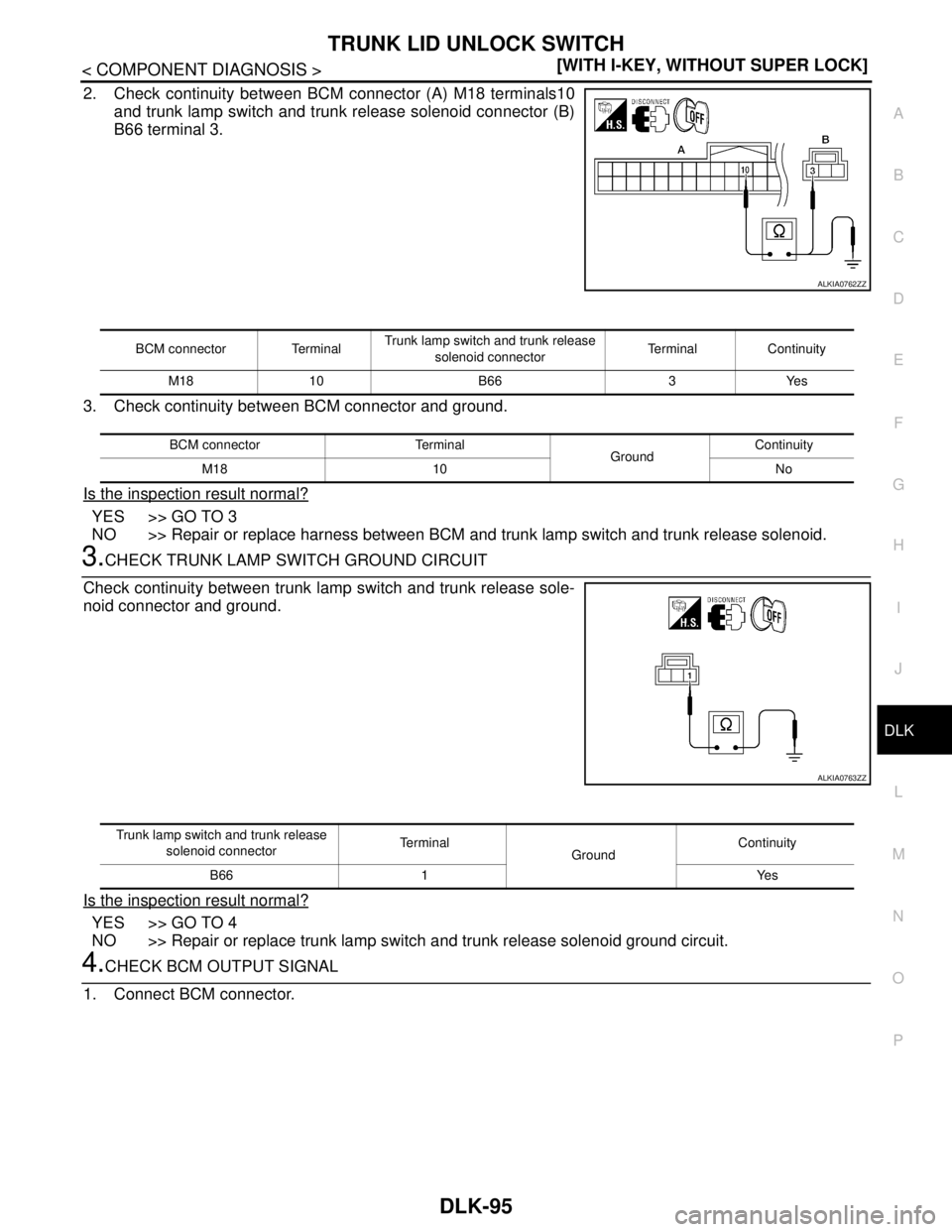 NISSAN TIIDA 2007  Service Repair Manual TRUNK LID UNLOCK SWITCH
DLK-95
< COMPONENT DIAGNOSIS >[WITH I-KEY, WITHOUT SUPER LOCK]
C
D
E
F
G
H
I
J
L
MA
B
DLK
N
O
P
2. Check continuity between BCM connector (A) M18 terminals10
and trunk lamp swi