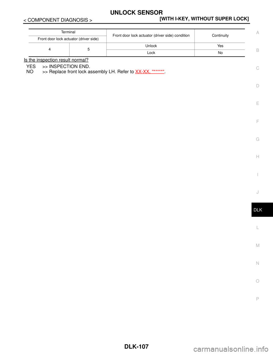 NISSAN TIIDA 2007  Service Repair Manual UNLOCK SENSOR
DLK-107
< COMPONENT DIAGNOSIS >[WITH I-KEY, WITHOUT SUPER LOCK]
C
D
E
F
G
H
I
J
L
MA
B
DLK
N
O
P
Is the inspection result normal?
YES >> INSPECTION END.
NO >> Replace front lock assembly