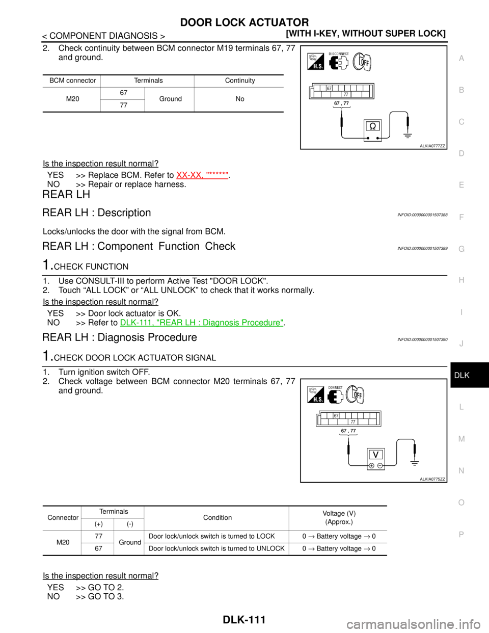 NISSAN TIIDA 2007  Service Repair Manual DOOR LOCK ACTUATOR
DLK-111
< COMPONENT DIAGNOSIS >[WITH I-KEY, WITHOUT SUPER LOCK]
C
D
E
F
G
H
I
J
L
MA
B
DLK
N
O
P
2. Check continuity between BCM connector M19 terminals 67, 77
and ground.
Is the in