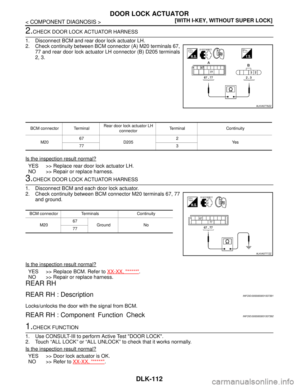 NISSAN TIIDA 2007  Service Repair Manual DLK-112
< COMPONENT DIAGNOSIS >[WITH I-KEY, WITHOUT SUPER LOCK]
DOOR LOCK ACTUATOR
2.CHECK DOOR LOCK ACTUATOR HARNESS
1. Disconnect BCM and rear door lock actuator LH.
2. Check continuity between BCM 