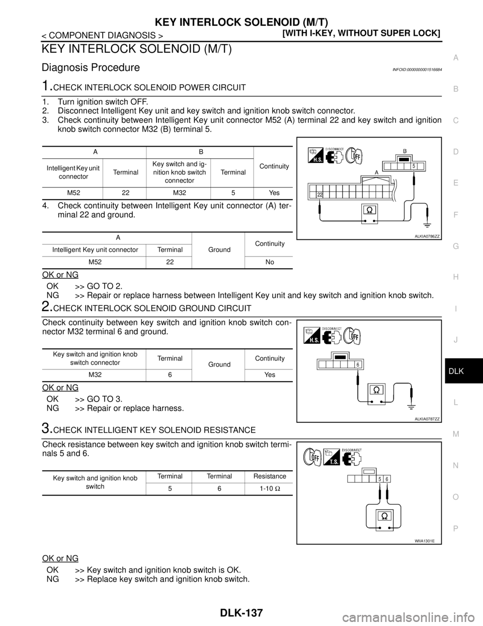 NISSAN TIIDA 2007  Service Repair Manual KEY INTERLOCK SOLENOID (M/T)
DLK-137
< COMPONENT DIAGNOSIS >[WITH I-KEY, WITHOUT SUPER LOCK]
C
D
E
F
G
H
I
J
L
MA
B
DLK
N
O
P
KEY INTERLOCK SOLENOID (M/T)
Diagnosis ProcedureINFOID:0000000001516684
1.