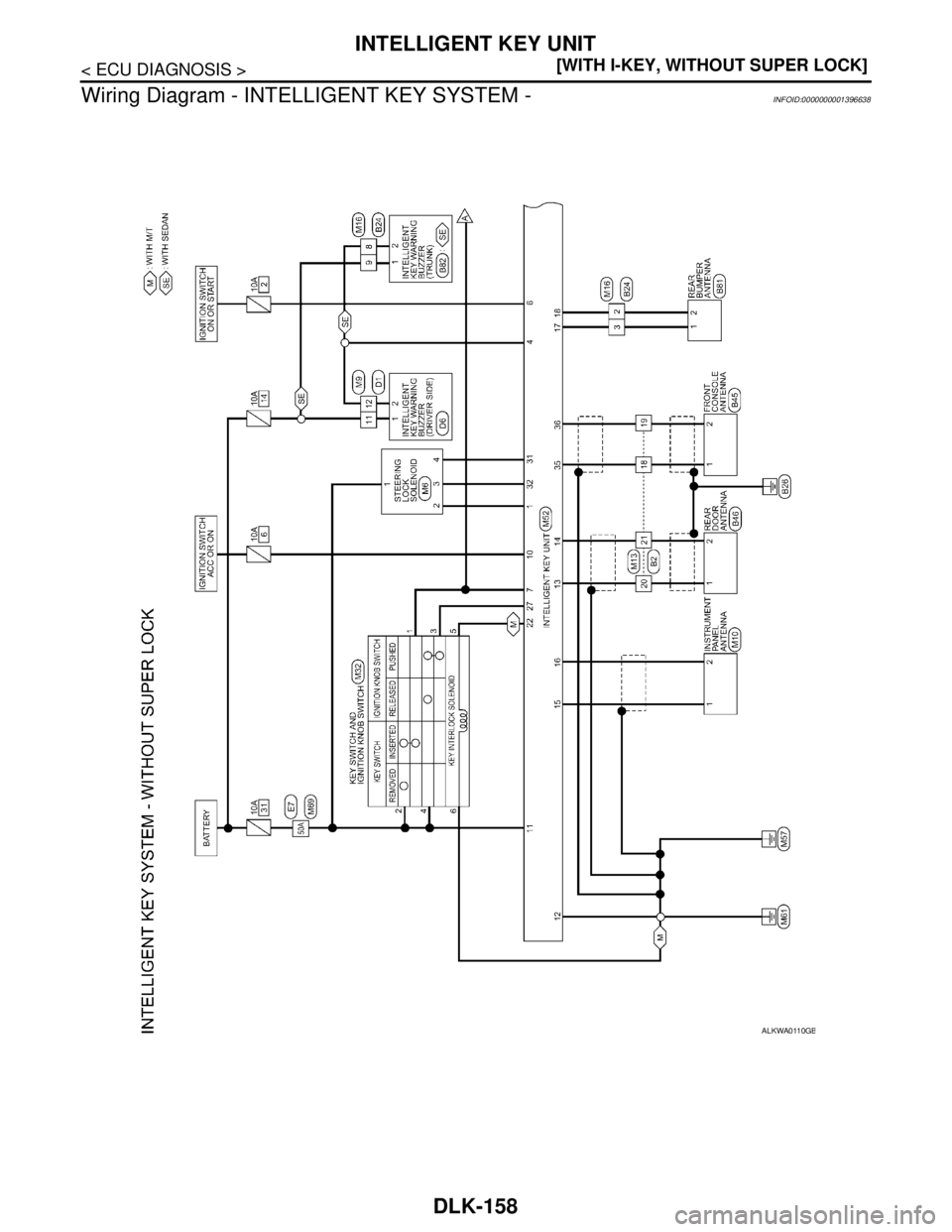 NISSAN TIIDA 2007  Service Repair Manual DLK-158
< ECU DIAGNOSIS >[WITH I-KEY, WITHOUT SUPER LOCK]
INTELLIGENT KEY UNIT
Wiring Diagram - INTELLIGENT KEY SYSTEM -
INFOID:0000000001396638
ALKWA0110GB 