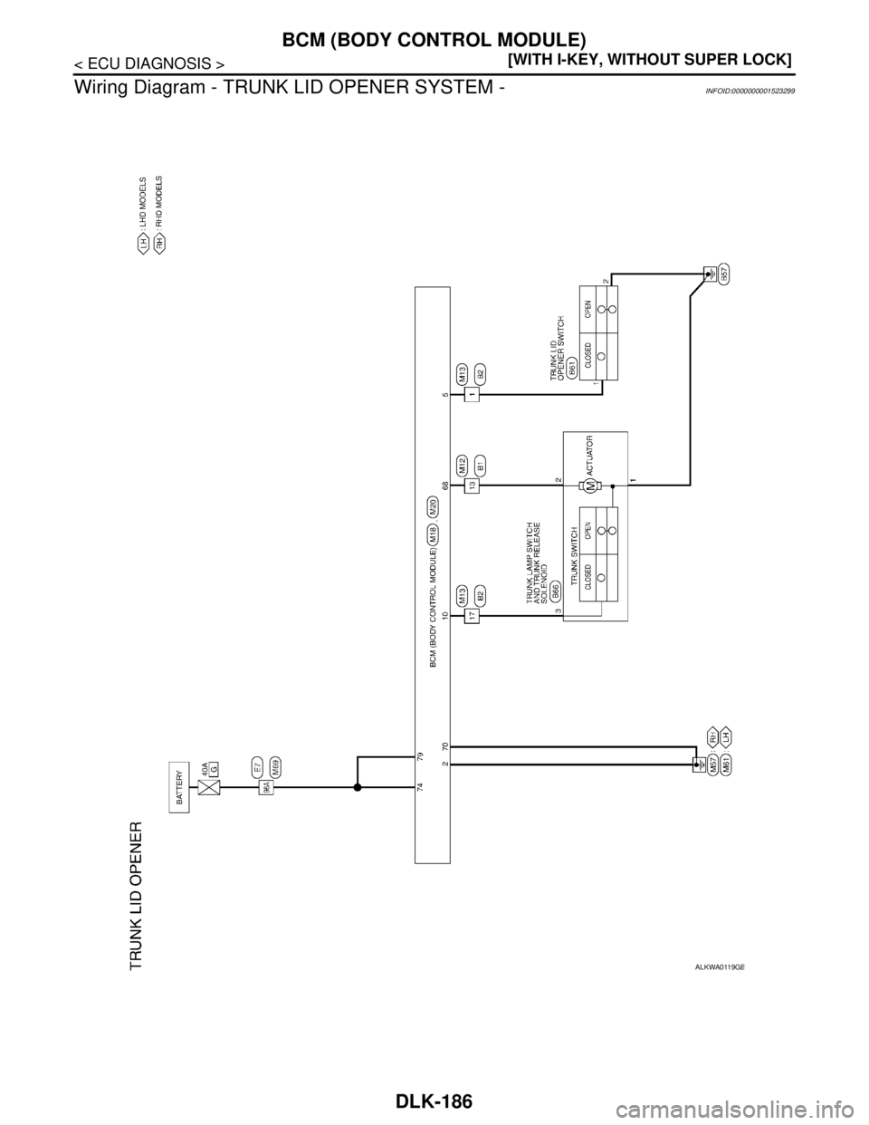 NISSAN TIIDA 2007  Service Repair Manual DLK-186
< ECU DIAGNOSIS >[WITH I-KEY, WITHOUT SUPER LOCK]
BCM (BODY CONTROL MODULE)
Wiring Diagram - TRUNK LID OPENER SYSTEM -
INFOID:0000000001523299
ALKWA0119GB 