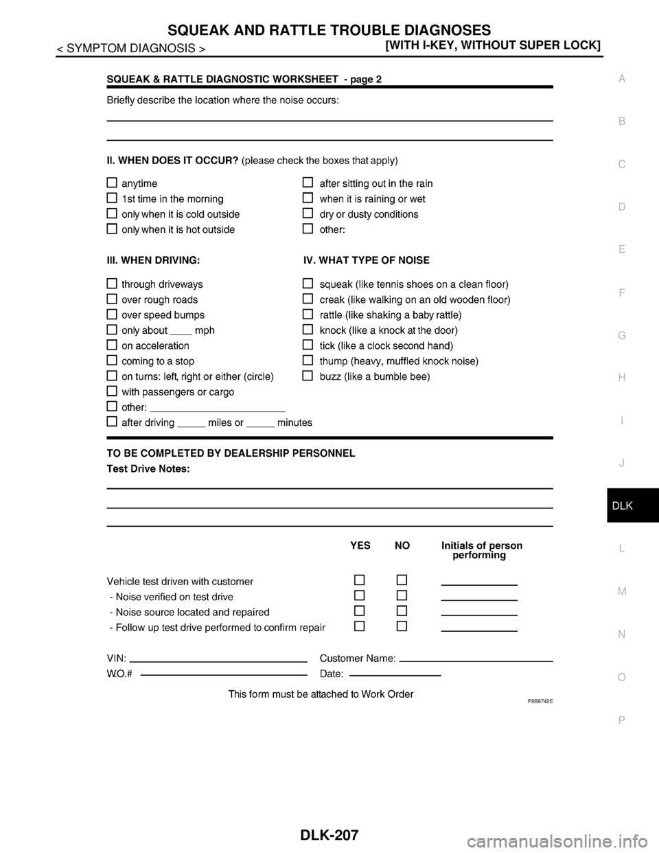 NISSAN TIIDA 2007  Service Repair Manual SQUEAK AND RATTLE TROUBLE DIAGNOSES
DLK-207
< SYMPTOM DIAGNOSIS >[WITH I-KEY, WITHOUT SUPER LOCK]
C
D
E
F
G
H
I
J
L
MA
B
DLK
N
O
P
PIIB8742E 