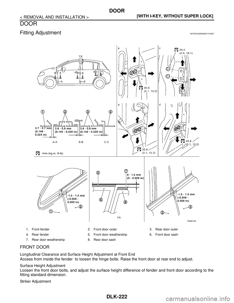 NISSAN TIIDA 2007  Service Repair Manual DLK-222
< REMOVAL AND INSTALLATION >[WITH I-KEY, WITHOUT SUPER LOCK]
DOOR
DOOR
Fitting AdjustmentINFOID:0000000001315837
FRONT DOOR
Longitudinal Clearance and Surface Height Adjustment at Front End
Ac