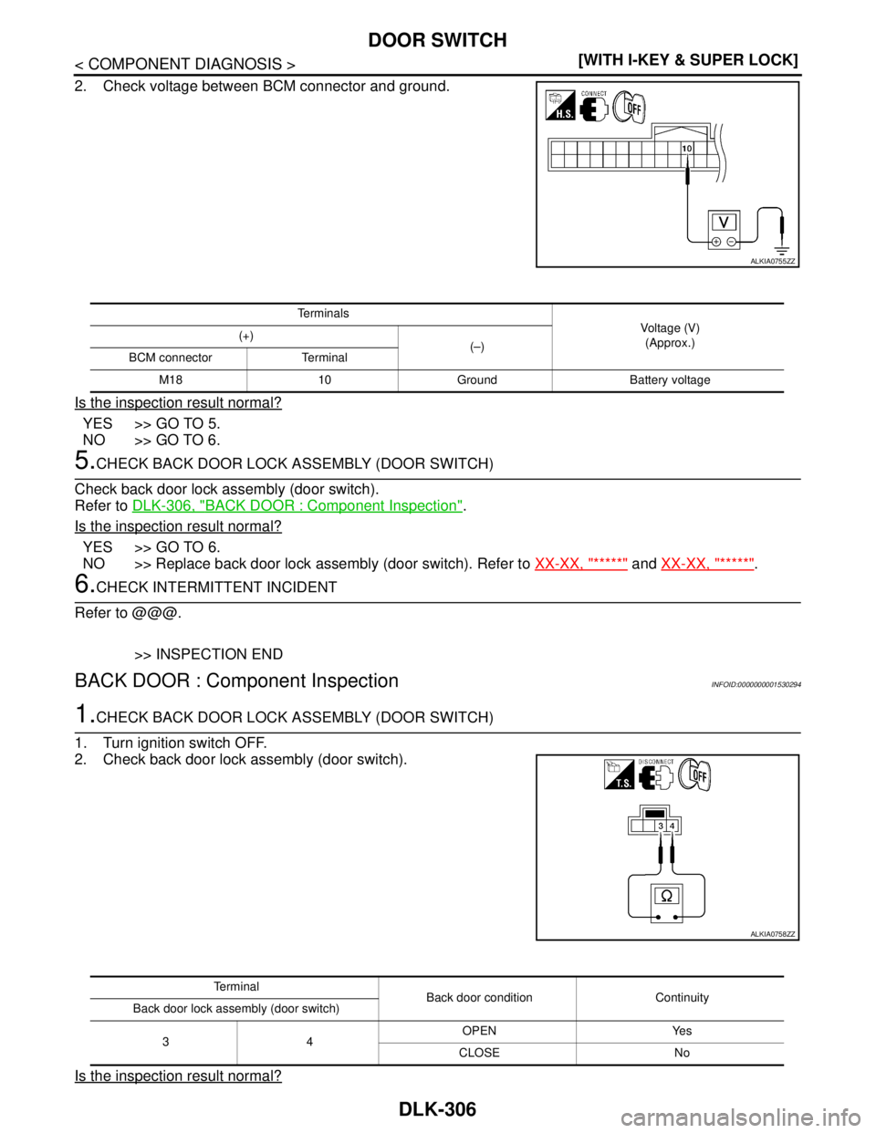 NISSAN TIIDA 2007  Service Repair Manual DLK-306
< COMPONENT DIAGNOSIS >[WITH I-KEY & SUPER LOCK]
DOOR SWITCH
2. Check voltage between BCM connector and ground.
Is the inspection result normal?
YES >> GO TO 5.
NO >> GO TO 6.
5.CHECK BACK DOO