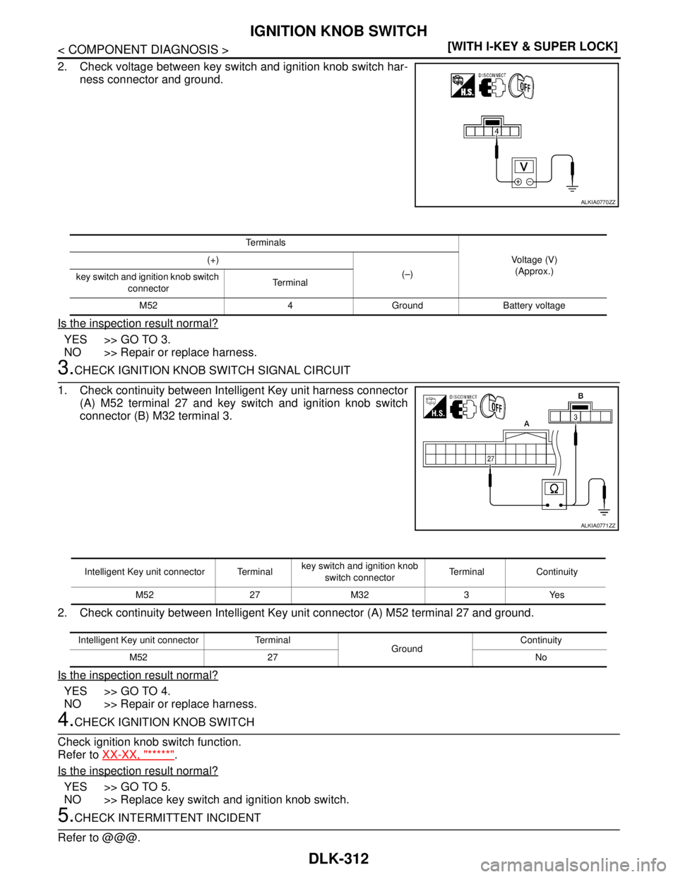NISSAN TIIDA 2007  Service Repair Manual DLK-312
< COMPONENT DIAGNOSIS >[WITH I-KEY & SUPER LOCK]
IGNITION KNOB SWITCH
2. Check voltage between key switch and ignition knob switch har-
ness connector and ground.
Is the inspection result norm