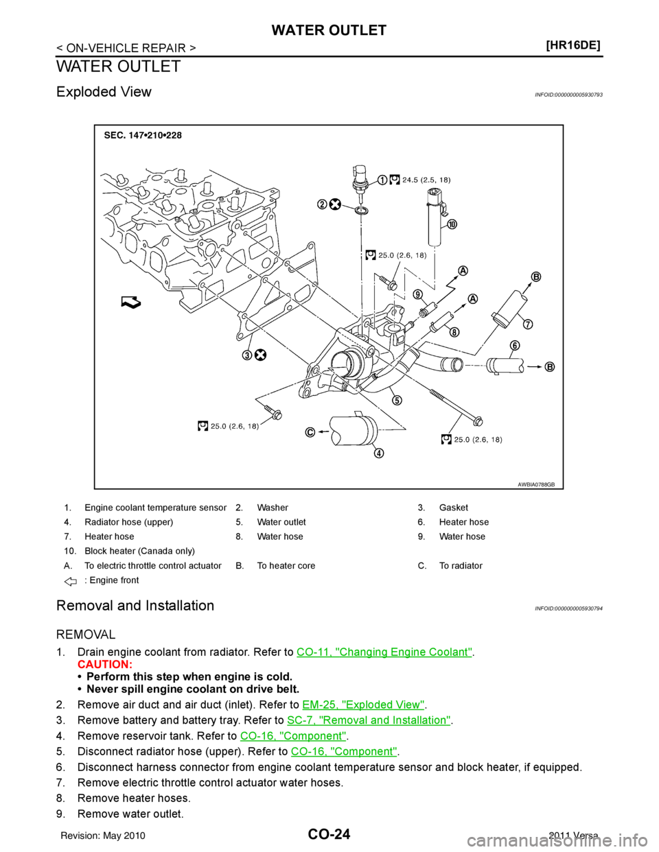 NISSAN TIIDA 2011  Service Repair Manual CO-24
< ON-VEHICLE REPAIR >[HR16DE]
WATER OUTLET
WATER OUTLET
Exploded ViewINFOID:0000000005930793
Removal and InstallationINFOID:0000000005930794
REMOVAL
1. Drain engine coolant from radiator. Refer 