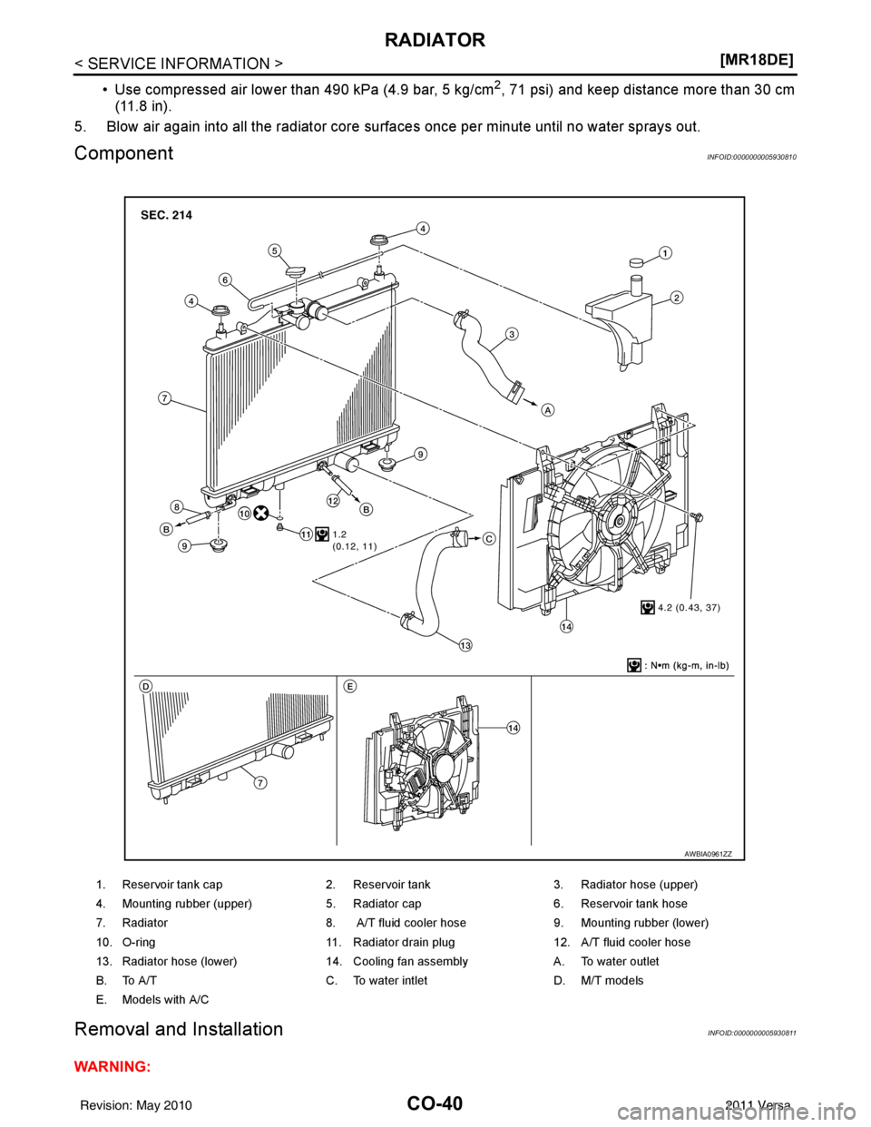 NISSAN TIIDA 2011  Service Repair Manual CO-40
< SERVICE INFORMATION >[MR18DE]
RADIATOR
• Use compressed air lower than 490 kPa (4.9 bar, 5 kg/cm2, 71 psi) and keep distance more than 30 cm
(11.8 in). 
5.  Blow air again into all the radia