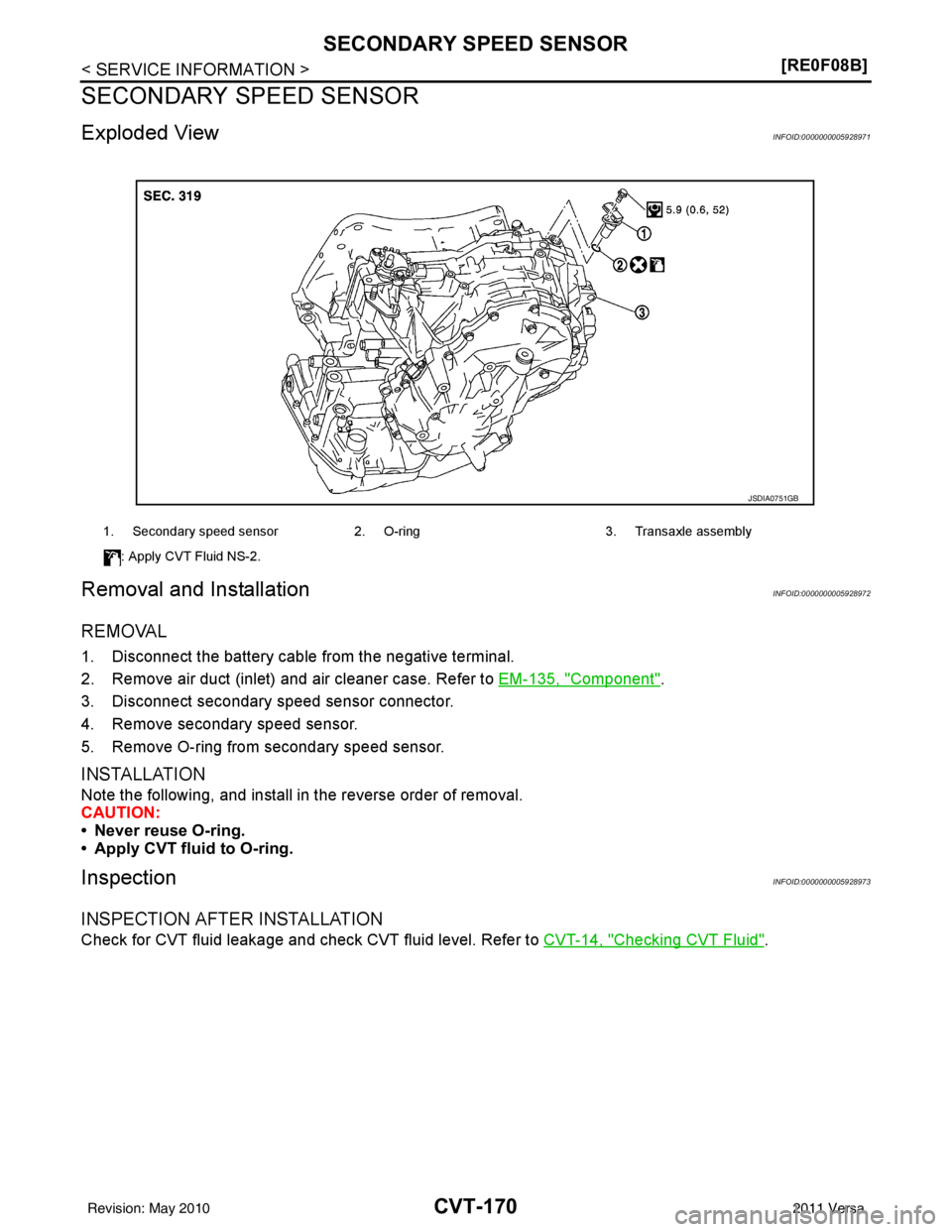 NISSAN TIIDA 2011  Service Repair Manual CVT-170
< SERVICE INFORMATION >[RE0F08B]
SECONDARY SPEED SENSOR
SECONDARY SPEED SENSOR
Exploded ViewINFOID:0000000005928971
Removal and InstallationINFOID:0000000005928972
REMOVAL
1. Disconnect the ba