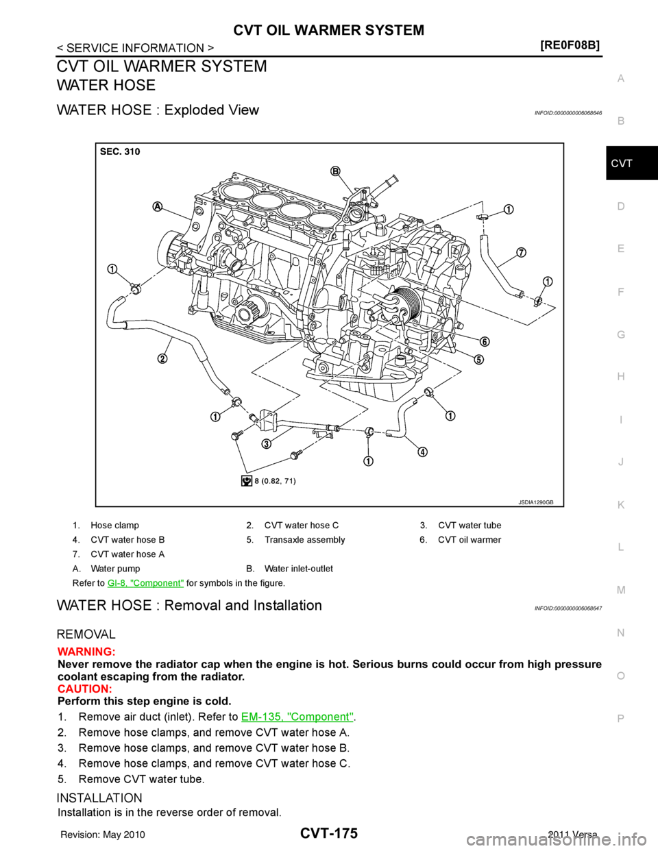 NISSAN TIIDA 2011  Service Repair Manual CVT OIL WARMER SYSTEMCVT-175
< SERVICE INFORMATION > [RE0F08B]
D
E
F
G H
I
J
K L
M A
B
CVT
N
O P
CVT OIL WARMER SYSTEM
WATER HOSE
WATER HOSE : Exploded ViewINFOID:0000000006068646
WATER HOSE : Removal
