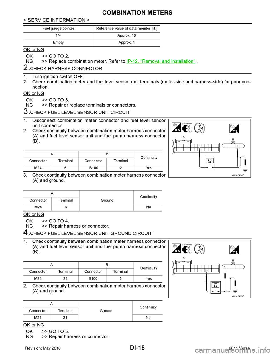 NISSAN TIIDA 2011  Service Repair Manual DI-18
< SERVICE INFORMATION >
COMBINATION METERS
OK or NG
OK >> GO TO 2.
NG >> Replace combination meter. Refer to IP-12, "
Removal and Installation" .
2.CHECK HARNESS CONNECTOR
1. Turn ignition switc