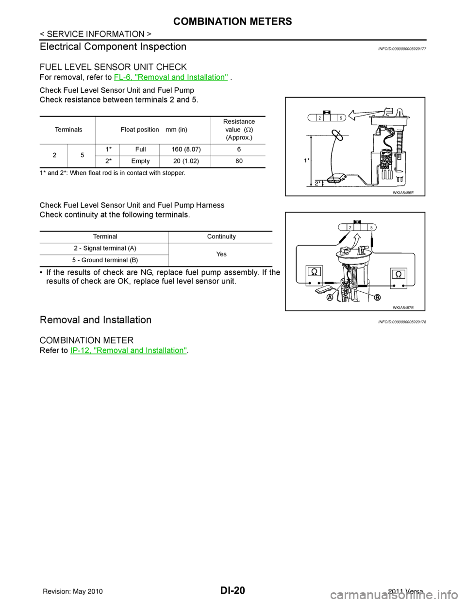 NISSAN TIIDA 2011  Service Repair Manual DI-20
< SERVICE INFORMATION >
COMBINATION METERS
Electrical Component Inspection
INFOID:0000000005929177
FUEL LEVEL SENSOR UNIT CHECK
For removal, refer to  FL-6, "Removal and Installation" .
Check Fu
