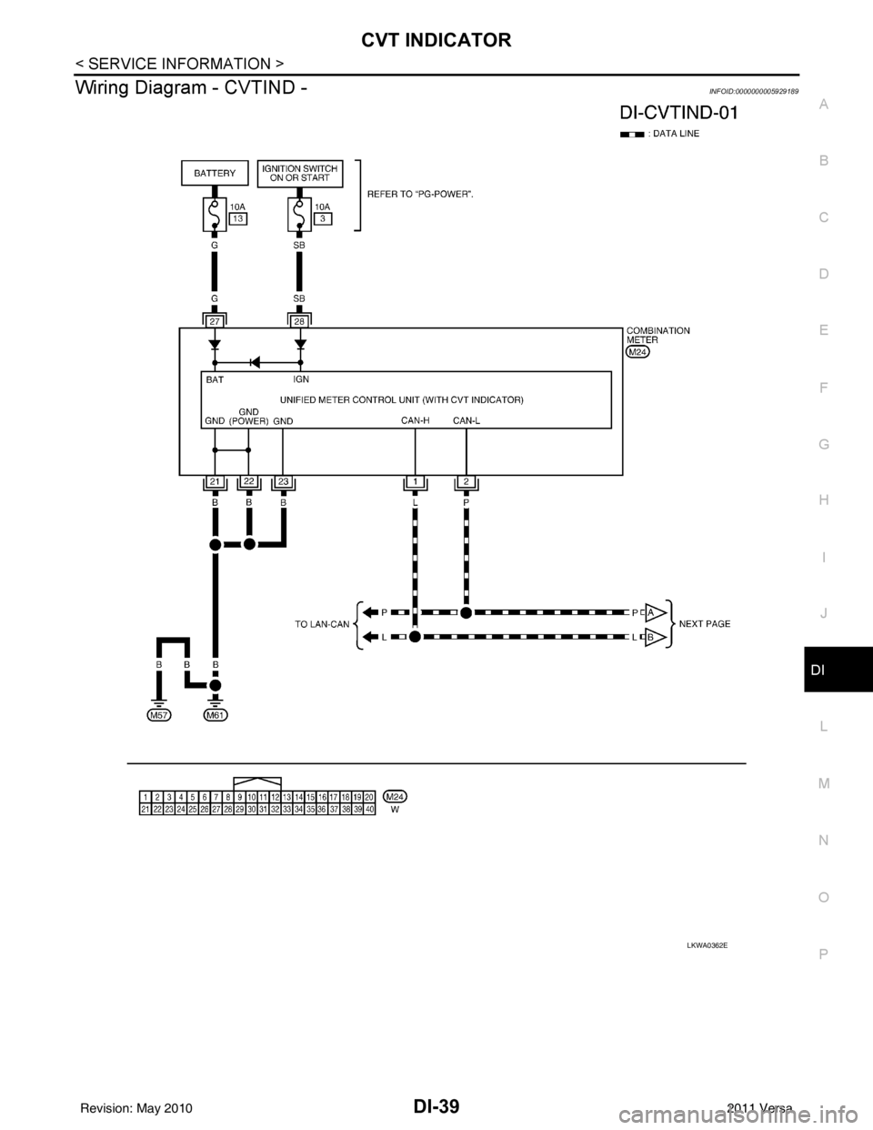 NISSAN TIIDA 2011  Service Repair Manual CVT INDICATORDI-39
< SERVICE INFORMATION >
C
DE
F
G H
I
J
L
M A
B
DI
N
O P
Wiring Diagram - CVTIND -INFOID:0000000005929189
LKWA0362E
Revision: May 2010 2011 Versa 