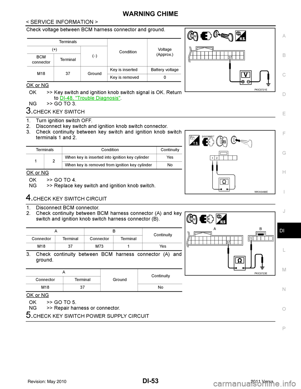 NISSAN TIIDA 2011  Service Repair Manual WARNING CHIMEDI-53
< SERVICE INFORMATION >
C
DE
F
G H
I
J
L
M A
B
DI
N
O P
Check voltage between BCM harness connector and ground.
OK or NG
OK >> Key switch and ignition knob switch signal is OK. Retu