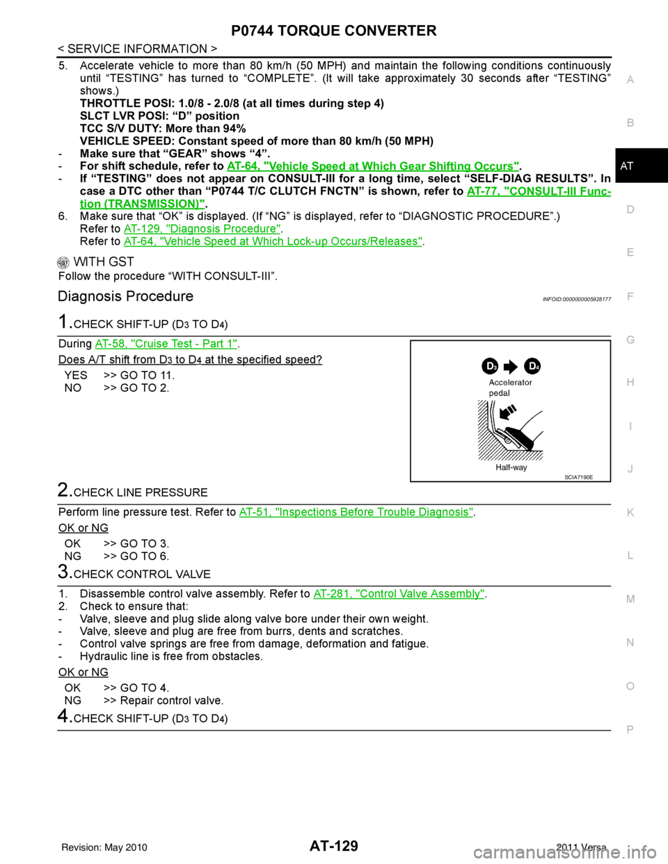 NISSAN TIIDA 2011  Service Repair Manual P0744 TORQUE CONVERTERAT-129
< SERVICE INFORMATION >
DE
F
G H
I
J
K L
M A
B
AT
N
O P
5. Accelerate vehicle to more than 80 km/h (50 MPH) and maintain the following conditions continuously until “TES