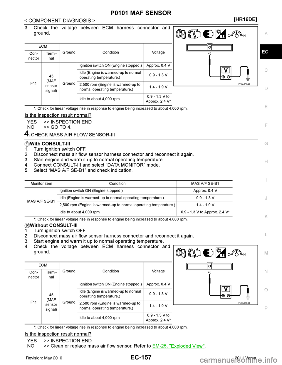 NISSAN TIIDA 2011  Service Repair Manual P0101 MAF SENSOREC-157
< COMPONENT DIAGNOSIS > [HR16DE]
C
D
E
F
G H
I
J
K L
M A
EC
NP
O
3. Check the voltage between ECM harness connector and
ground.
*: Check for linear voltage rise in response to e