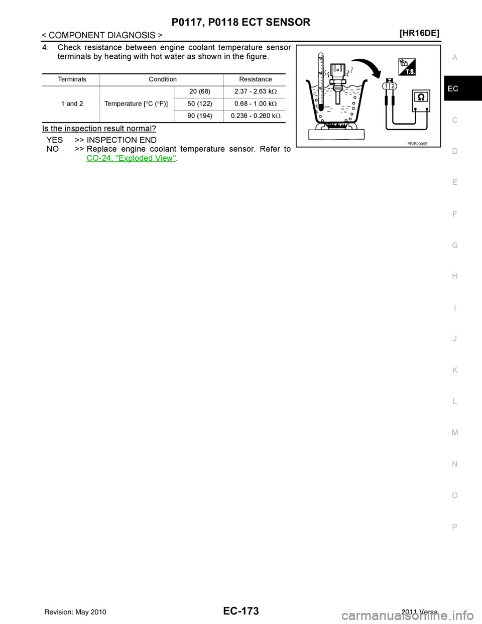 NISSAN TIIDA 2011  Service Repair Manual P0117, P0118 ECT SENSOREC-173
< COMPONENT DIAGNOSIS > [HR16DE]
C
D
E
F
G H
I
J
K L
M A
EC
NP
O
4. Check resistance between engine coolant temperature sensor
terminals by heating with hot water as show