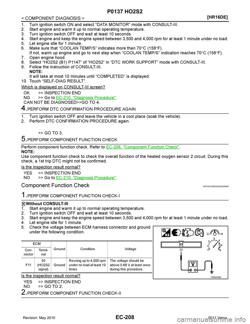 NISSAN TIIDA 2011  Service Repair Manual EC-208
< COMPONENT DIAGNOSIS >[HR16DE]
P0137 HO2S2
1. Turn ignition switch ON and select “DATA MONITOR” mode with CONSULT-III.
2. Start engine and warm it up to normal operating temperature.
3. Tu