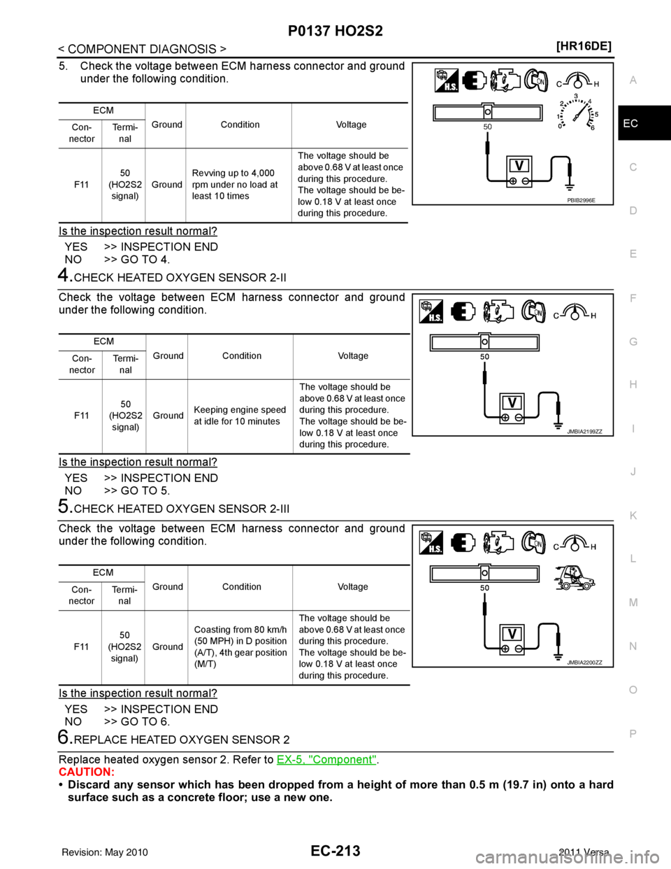 NISSAN TIIDA 2011  Service Repair Manual P0137 HO2S2EC-213
< COMPONENT DIAGNOSIS > [HR16DE]
C
D
E
F
G H
I
J
K L
M A
EC
NP
O
5. Check the voltage between ECM harness connector and ground
under the following condition.
Is the inspection result