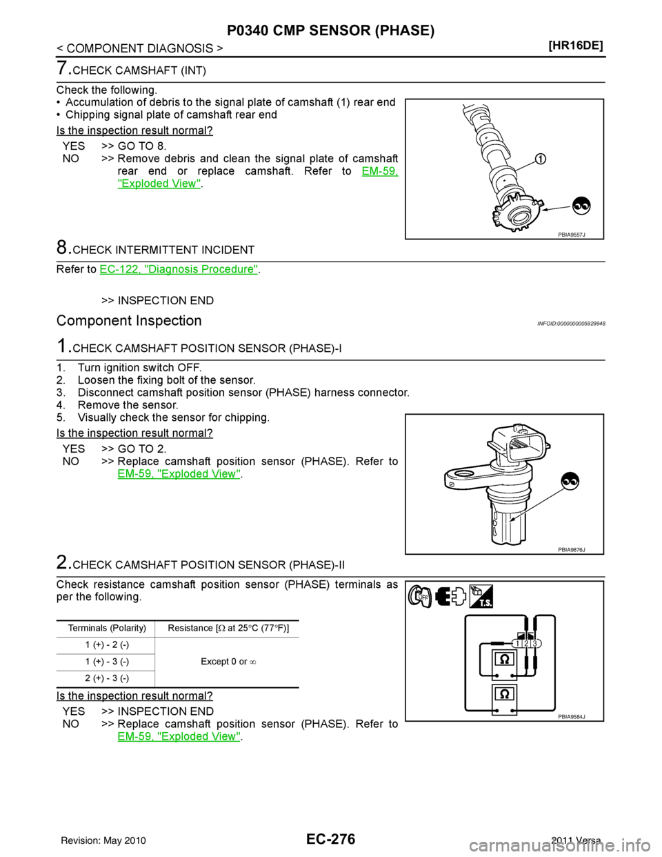 NISSAN TIIDA 2011  Service Repair Manual EC-276
< COMPONENT DIAGNOSIS >[HR16DE]
P0340 CMP SENSOR (PHASE)
7.CHECK CAMSHAFT (INT)
Check the following.
• Accumulation of debris to the si gnal plate of camshaft (1) rear end
• Chipping signal