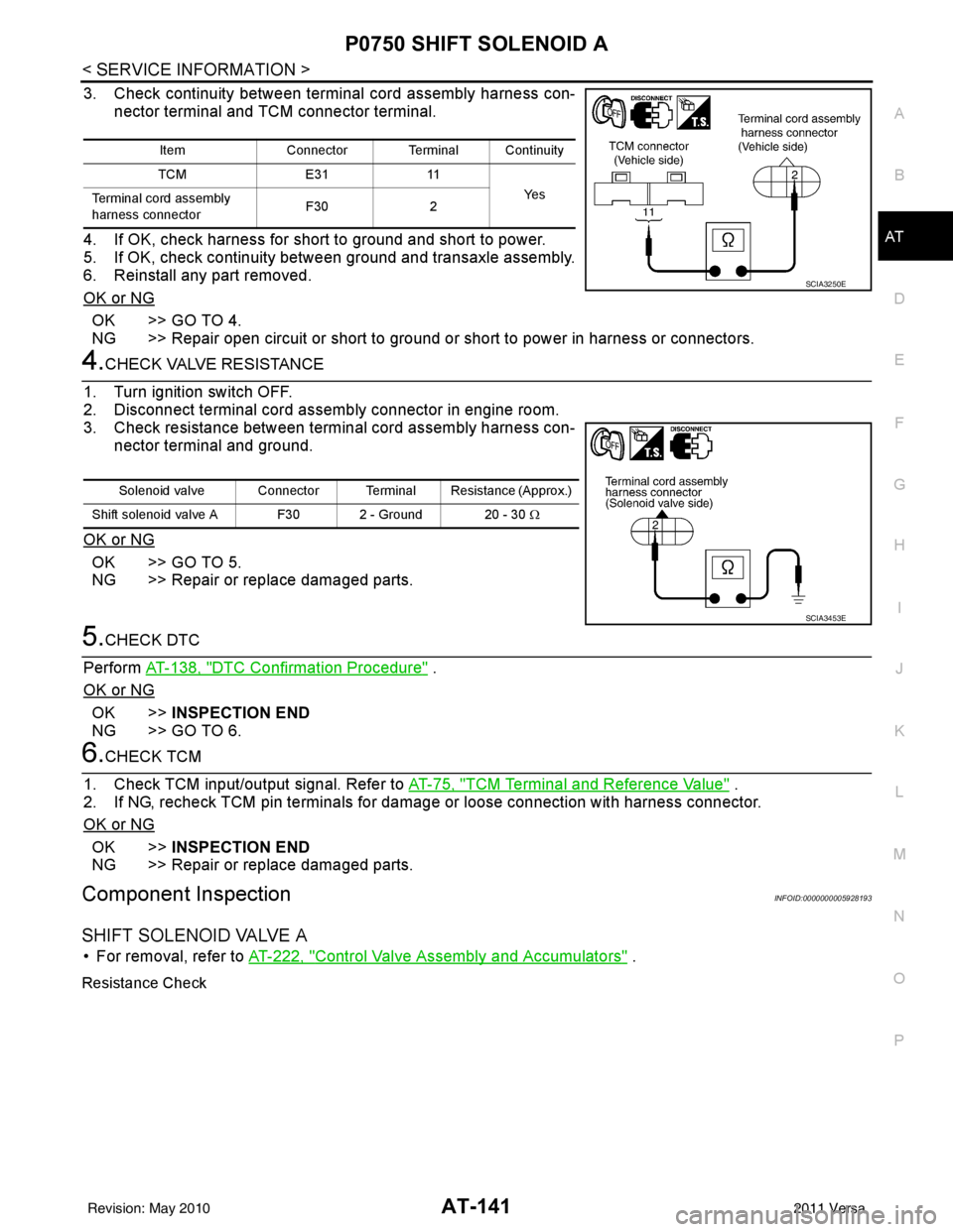 NISSAN TIIDA 2011  Service Repair Manual P0750 SHIFT SOLENOID AAT-141
< SERVICE INFORMATION >
DE
F
G H
I
J
K L
M A
B
AT
N
O P
3. Check continuity between terminal cord assembly harness con- nector terminal and TCM connector terminal.
4. If O