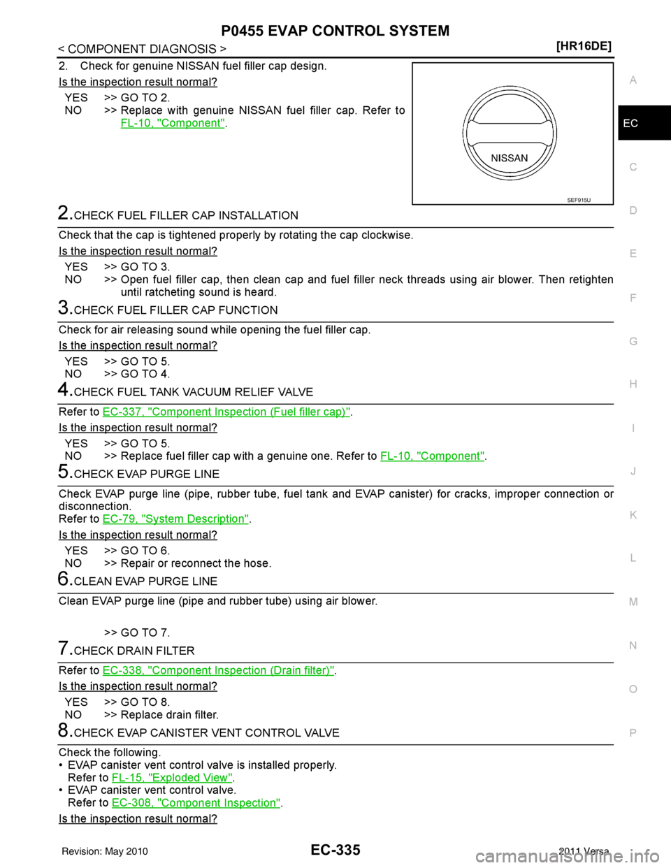 NISSAN TIIDA 2011  Service Repair Manual P0455 EVAP CONTROL SYSTEMEC-335
< COMPONENT DIAGNOSIS > [HR16DE]
C
D
E
F
G H
I
J
K L
M A
EC
NP
O
2. Check for genuine NISSAN fuel filler cap design.
Is the inspection result normal?
YES >> GO TO 2.
NO
