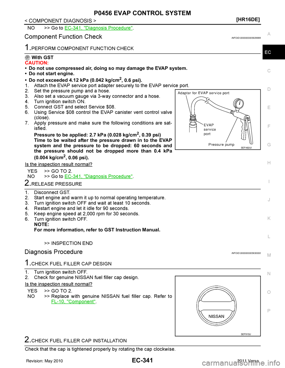 NISSAN TIIDA 2011  Service Repair Manual P0456 EVAP CONTROL SYSTEMEC-341
< COMPONENT DIAGNOSIS > [HR16DE]
C
D
E
F
G H
I
J
K L
M A
EC
NP
O
NO >> Go to 
EC-341, "Diagnosis Procedure".
Component Function CheckINFOID:0000000005929999
1.PERFORM C