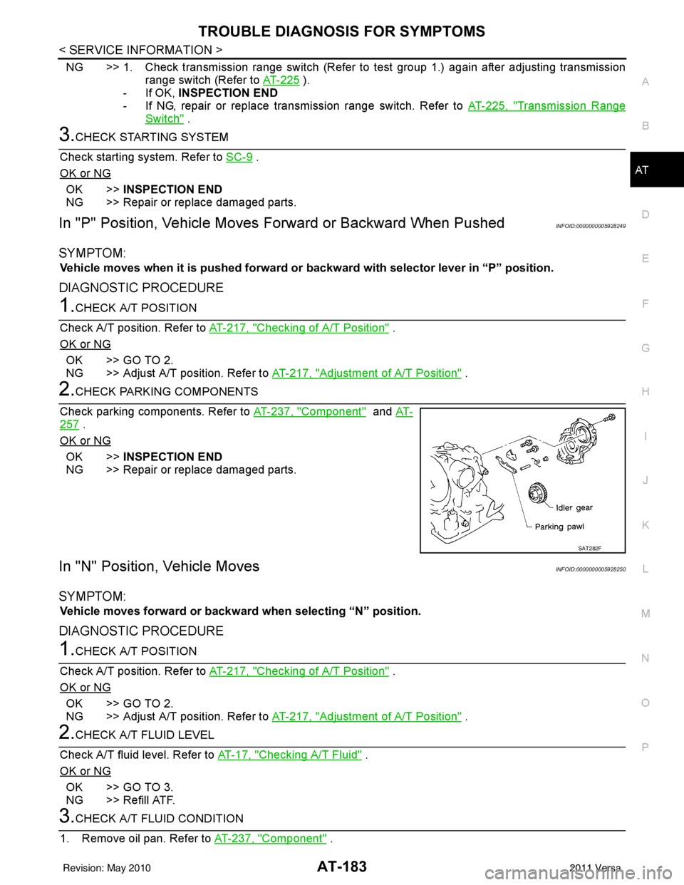 NISSAN TIIDA 2011 Service Repair Manual TROUBLE DIAGNOSIS FOR SYMPTOMSAT-183
< SERVICE INFORMATION >
DE
F
G H
I
J
K L
M A
B
AT
N
O P
NG >> 1. Check transmission range switch (Refer to test group 1.) again after adjusting transmission
range NISSAN TIIDA 2011 Service Repair Manual TROUBLE DIAGNOSIS FOR SYMPTOMSAT-183
< SERVICE INFORMATION >
DE
F
G H
I
J
K L
M A
B
AT
N
O P
NG >> 1. Check transmission range switch (Refer to test group 1.) again after adjusting transmission
range