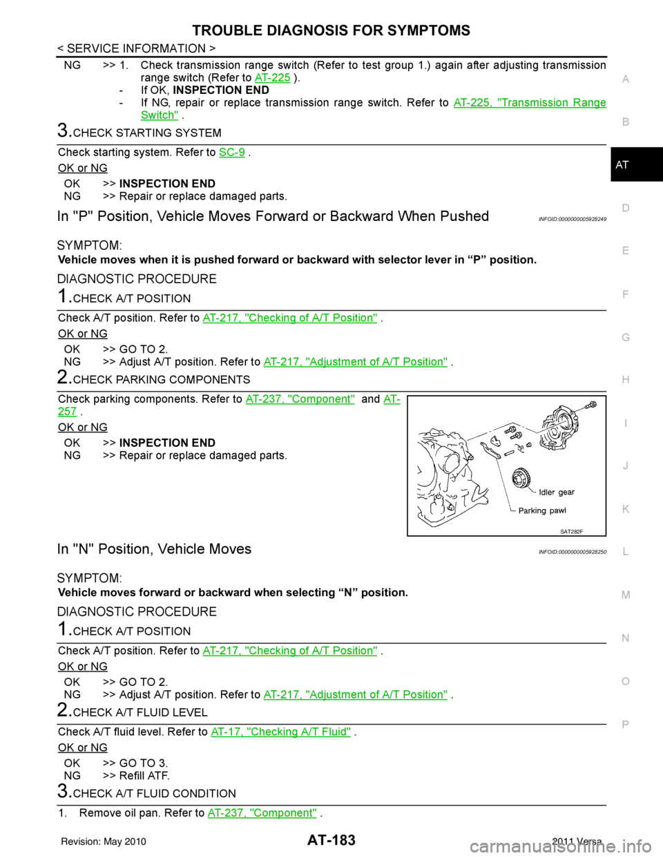 NISSAN TIIDA 2011  Service Repair Manual TROUBLE DIAGNOSIS FOR SYMPTOMSAT-183
< SERVICE INFORMATION >
DE
F
G H
I
J
K L
M A
B
AT
N
O P
NG >> 1. Check transmission range switch (Refer to  test group 1.) again after adjusting transmission
range