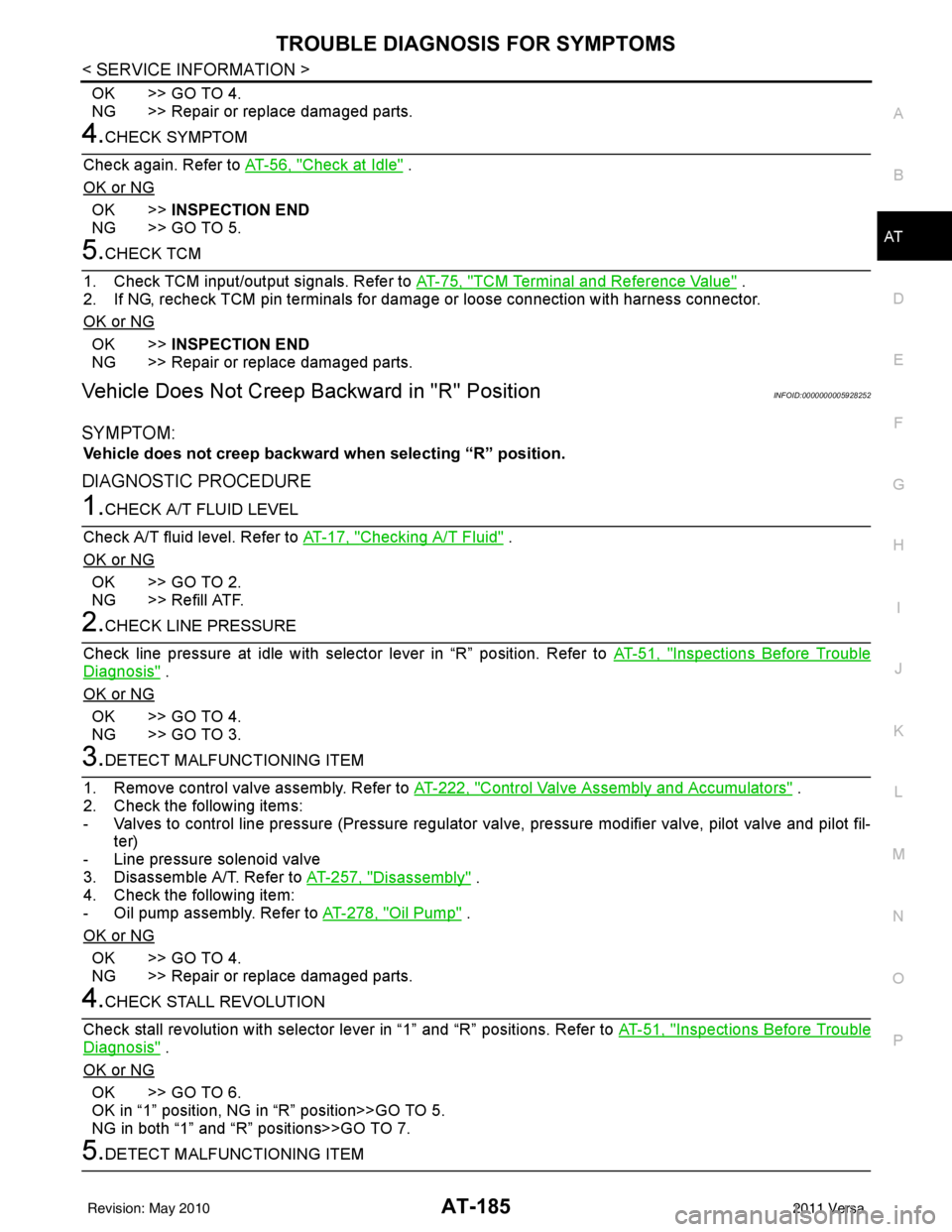 NISSAN TIIDA 2011  Service Repair Manual TROUBLE DIAGNOSIS FOR SYMPTOMSAT-185
< SERVICE INFORMATION >
DE
F
G H
I
J
K L
M A
B
AT
N
O P
OK >> GO TO 4.
NG >> Repair or replace damaged parts.
4.CHECK SYMPTOM
Check again. Refer to  AT-56, "
Check