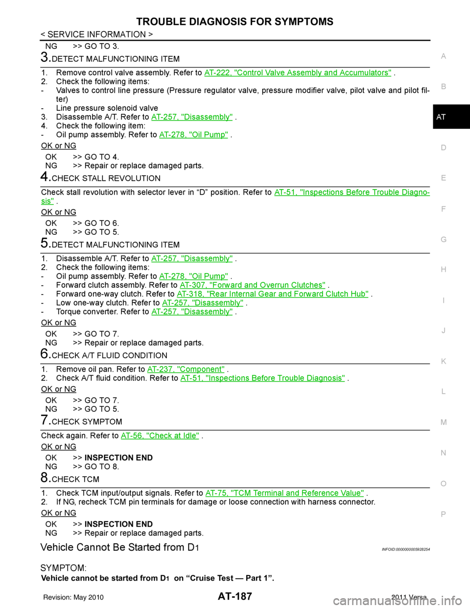 NISSAN TIIDA 2011  Service Repair Manual TROUBLE DIAGNOSIS FOR SYMPTOMSAT-187
< SERVICE INFORMATION >
DE
F
G H
I
J
K L
M A
B
AT
N
O P
NG >> GO TO 3.
3.DETECT MALFUNCTIONING ITEM
1. Remove control valve assembly. Refer to  AT-222, "
Control V