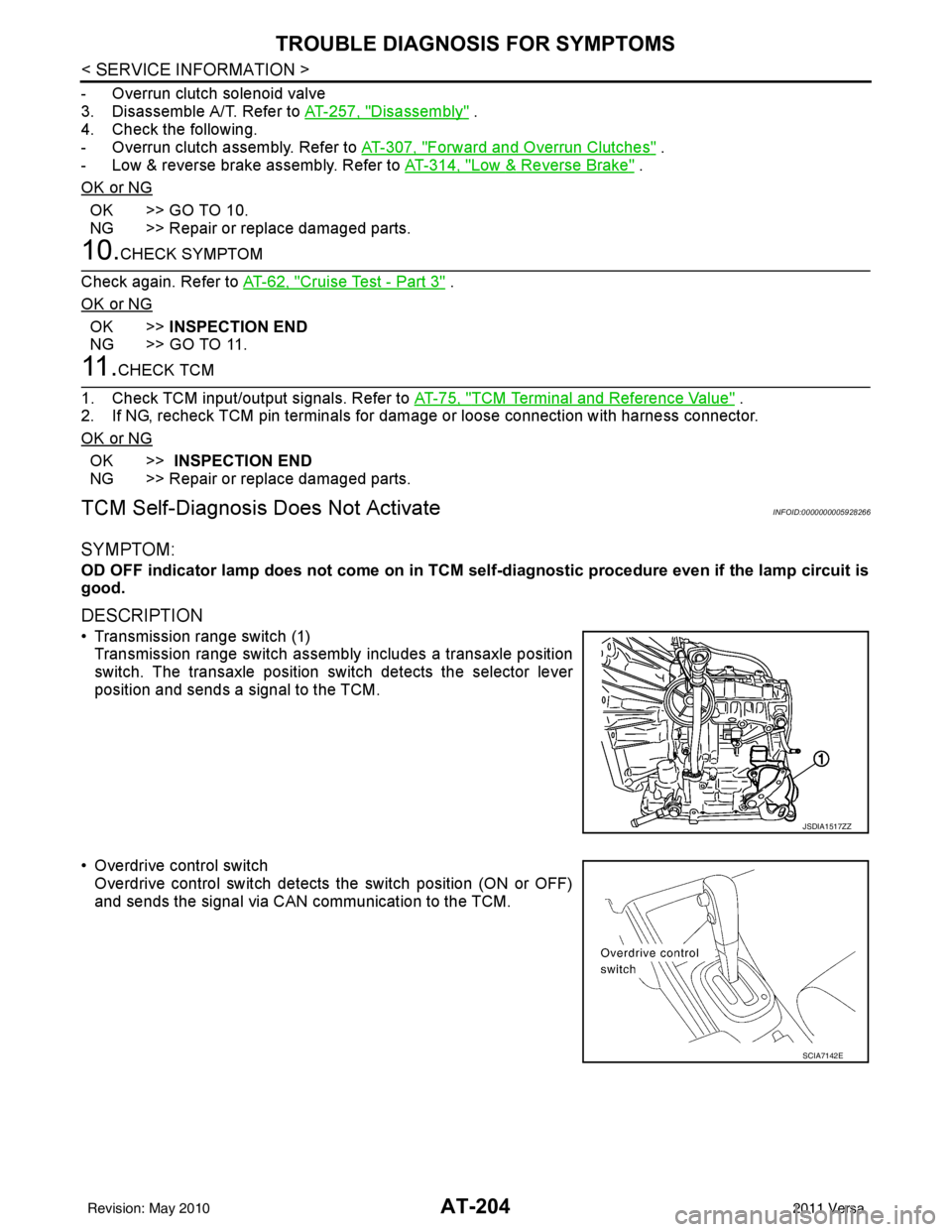 NISSAN TIIDA 2011 Service Repair Manual AT-204
< SERVICE INFORMATION >
TROUBLE DIAGNOSIS FOR SYMPTOMS
- Overrun clutch solenoid valve
3. Disassemble A/T. Refer to AT-257, "
Disassembly" .
4. Check the following.
- Overrun clutch assembly. R NISSAN TIIDA 2011 Service Repair Manual AT-204
< SERVICE INFORMATION >
TROUBLE DIAGNOSIS FOR SYMPTOMS
- Overrun clutch solenoid valve
3. Disassemble A/T. Refer to AT-257, "
Disassembly" .
4. Check the following.
- Overrun clutch assembly. R