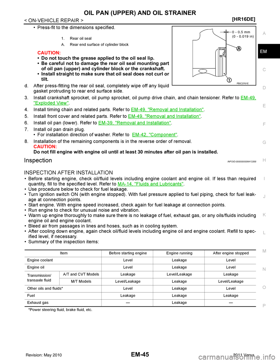 NISSAN TIIDA 2011  Service Repair Manual OIL PAN (UPPER) AND OIL STRAINEREM-45
< ON-VEHICLE REPAIR > [HR16DE]
C
D
E
F
G H
I
J
K L
M A
EM
NP
O
• Press-fit to the dimensions specified.
CAUTION:
• Do not touch the grease applied to the oil 