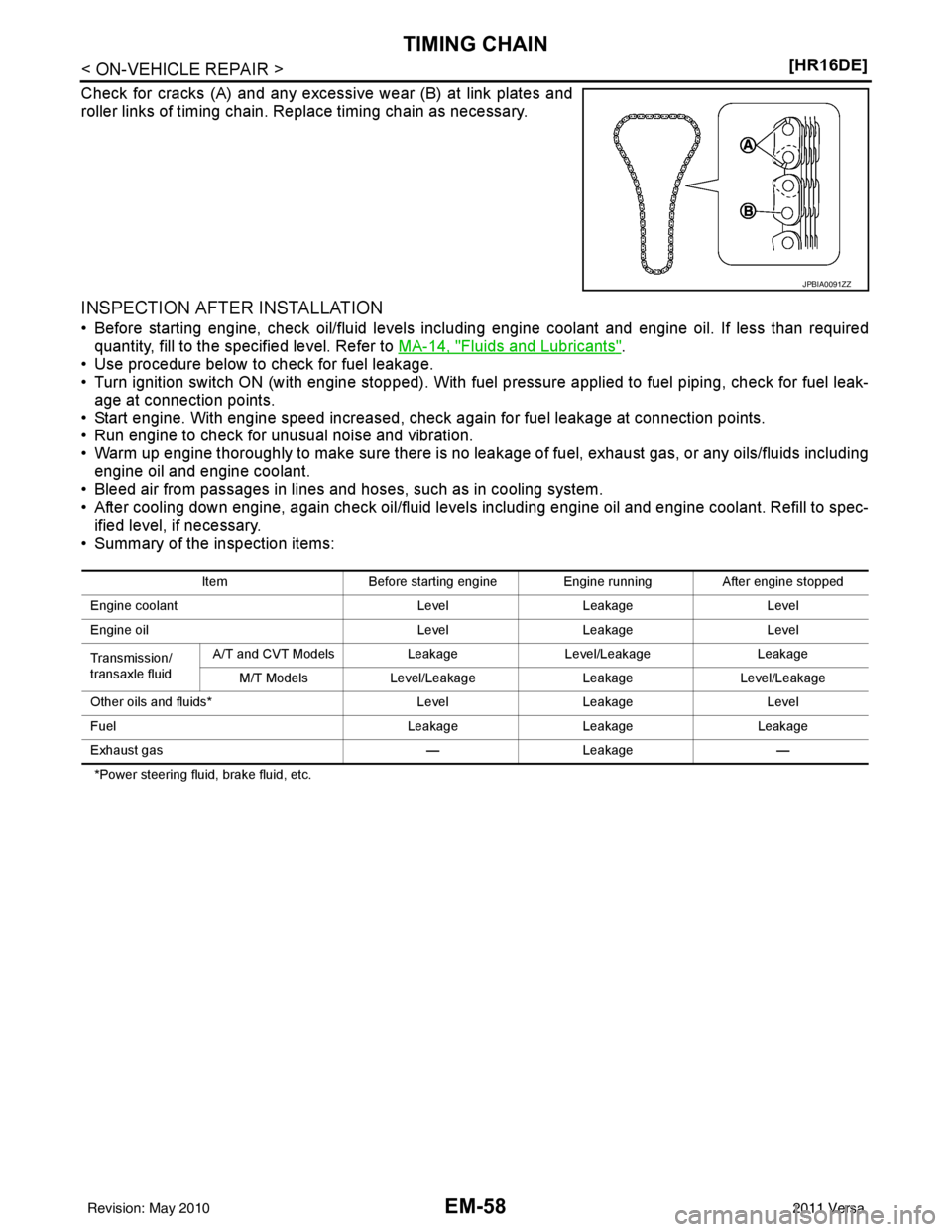 NISSAN TIIDA 2011  Service Repair Manual EM-58
< ON-VEHICLE REPAIR >[HR16DE]
TIMING CHAIN
Check for cracks (A) and any excessive wear (B) at link plates and
roller links of timing chain. Replace timing chain as necessary.
INSPECTION AFTER IN