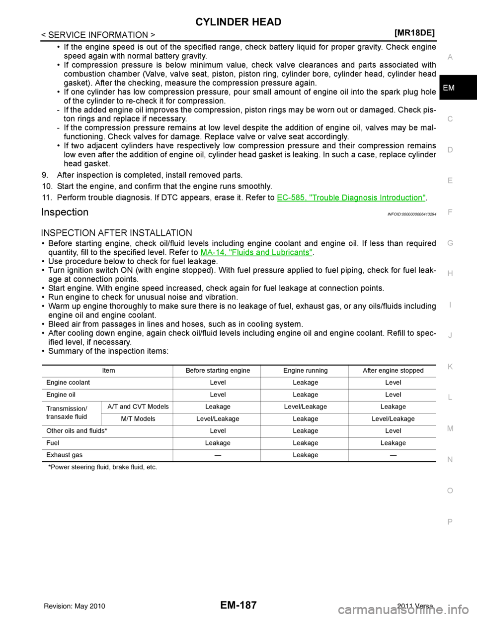 NISSAN TIIDA 2011  Service Repair Manual CYLINDER HEADEM-187
< SERVICE INFORMATION > [MR18DE]
C
D
E
F
G H
I
J
K L
M A
EM
NP
O
• If the engine speed is out of the specified range, check battery liquid for proper gravity. Check engine
speed 