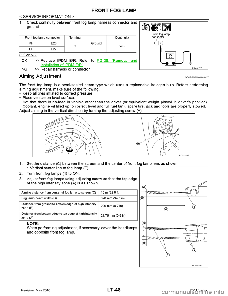 NISSAN TIIDA 2011  Service Repair Manual LT-48
< SERVICE INFORMATION >
FRONT FOG LAMP
1. Check continuity between front fog lamp harness connector and
ground.
OK or NG
OK >> Replace IPDM E/R. Refer to  PG-28, "Removal and
Installation of IPD