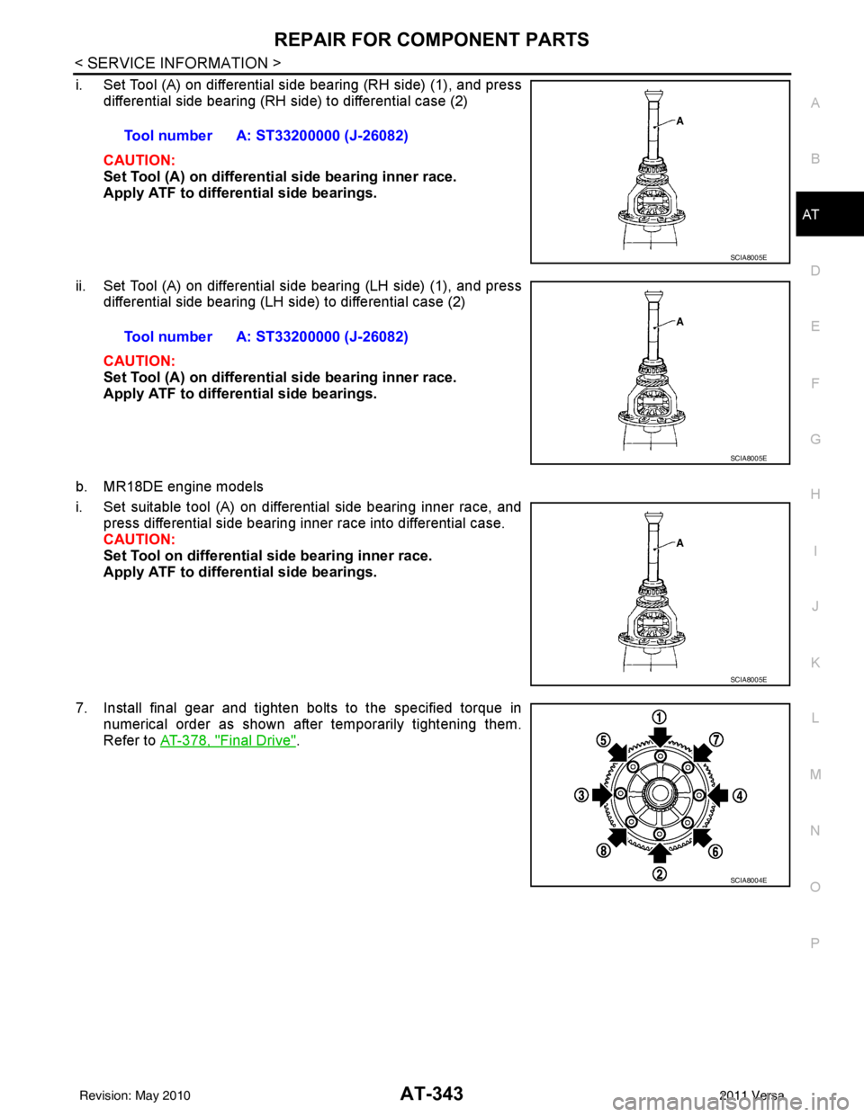 NISSAN TIIDA 2011 Service Repair Manual REPAIR FOR COMPONENT PARTSAT-343
< SERVICE INFORMATION >
DE
F
G H
I
J
K L
M A
B
AT
N
O P
i. Set Tool (A) on differential side bearing (RH side) (1), and press differential side bearing (RH side) to di NISSAN TIIDA 2011 Service Repair Manual REPAIR FOR COMPONENT PARTSAT-343
< SERVICE INFORMATION >
DE
F
G H
I
J
K L
M A
B
AT
N
O P
i. Set Tool (A) on differential side bearing (RH side) (1), and press differential side bearing (RH side) to di