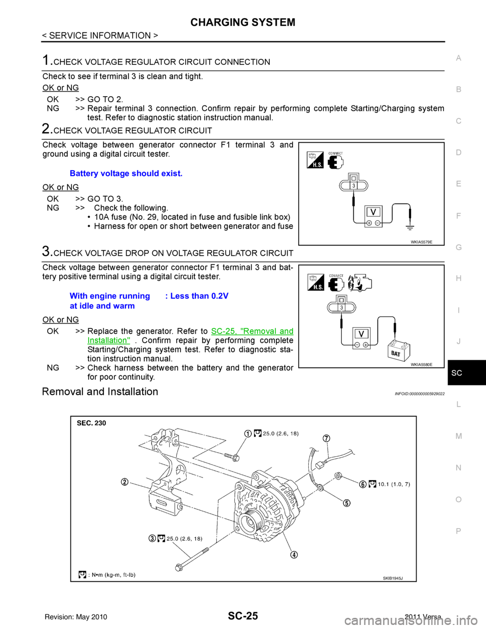 NISSAN TIIDA 2011 Service Repair Manual CHARGING SYSTEMSC-25
< SERVICE INFORMATION >
C
DE
F
G H
I
J
L
M A
B
SC
N
O P
1.CHECK VOLTAGE REGULATOR CIRCUIT CONNECTION
Check to see if terminal 3 is clean and tight.
OK or NG
OK >> GO TO 2.
NG >> R NISSAN TIIDA 2011 Service Repair Manual CHARGING SYSTEMSC-25
< SERVICE INFORMATION >
C
DE
F
G H
I
J
L
M A
B
SC
N
O P
1.CHECK VOLTAGE REGULATOR CIRCUIT CONNECTION
Check to see if terminal 3 is clean and tight.
OK or NG
OK >> GO TO 2.
NG >> R